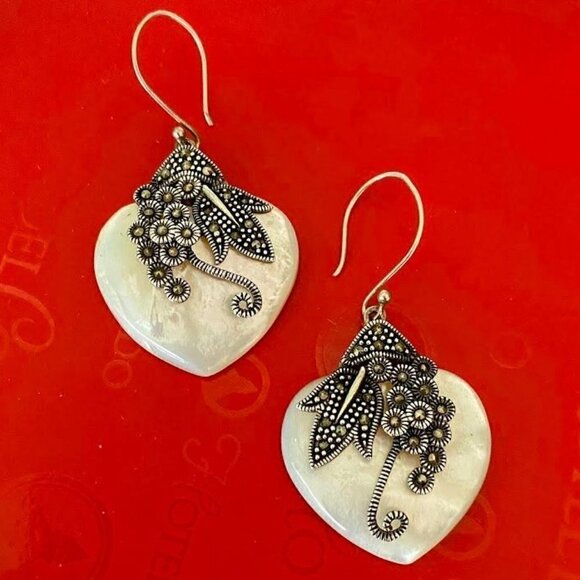 CFJ Mother of Pearl Sterling Silver 925 Marcasite Heart Shaped Earrings - Picture 2 of 5
